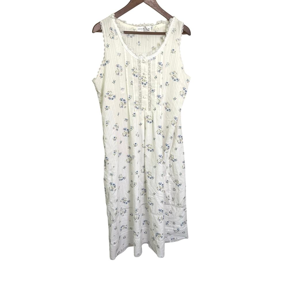 Miss Elaine Intimates Nightgown Dress M White Blue Floral Lace Cottagecore VTG